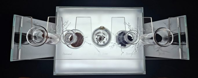 Clear glass test tube rack with 5 glass test tubes with glass fungi and glass mycelium 